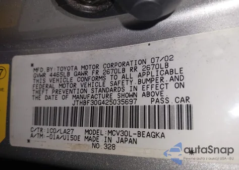 2002 Lexus Es 300 300 z USA, uszkodzony, nr VIN JTHBF30G425035697